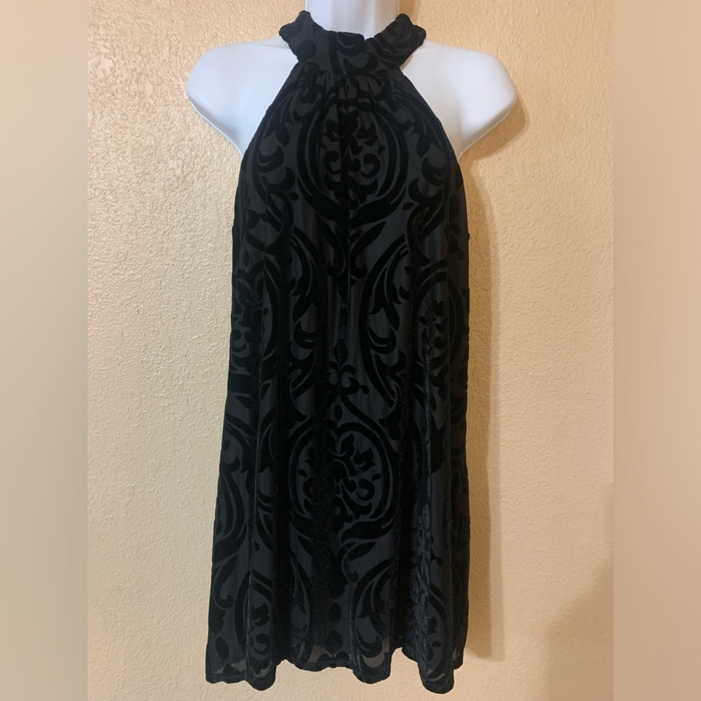 FRANCESCA’S Velvet Paisley Halter Neck Womens Dress Black Sleeveless Size XS